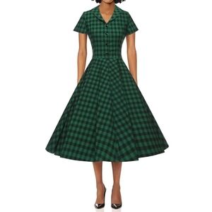 Gown Town 1950s Vintage Plaid & Dot Swing Tea Dress with Pockets Size M